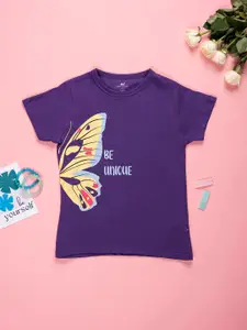 Purple United Kids Girls Placement Graphic Printed Round Neck T-shirt
