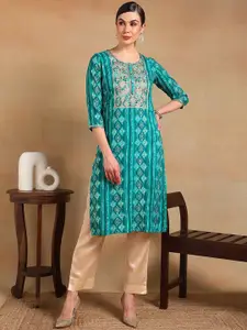 KALINI Round Neck Geometric Printed Straight Kurta