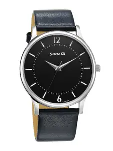 Sonata Men Brass Dial & Leather Straps Analogue Watch 77105SL18W