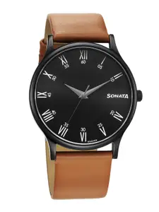 Sonata Men Brass Dial & Leather Straps Analogue Watch 77105NL13W