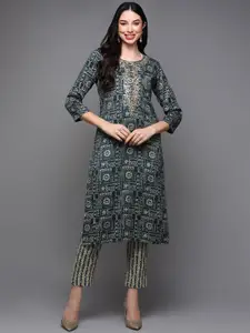 KALINI Geometric Printed Thread Work Straight Kurta