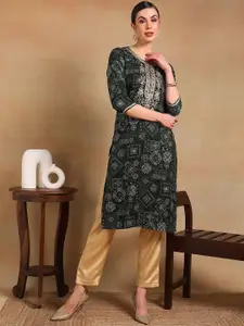 KALINI Ethnic Motifs Printed Thread Work Straight Kurta