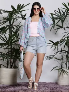 Sera Blue Floral Printed V-Neck Shrug