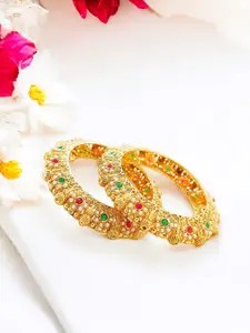 FEMMIBELLA Set Of 2 Gold-Plated Stone-Studded & Beaded Bangles