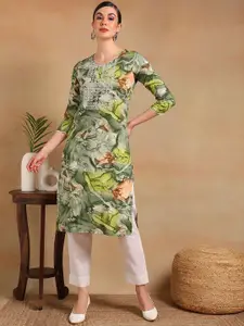 KALINI Floral Printed Sequinned Embroidered Straight Kurta