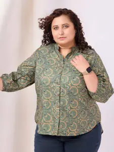 RACHNA Plus Size Spread Collar Floral Printed Puff Sleeves Casual Shirt