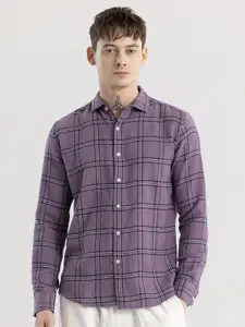 Snitch Purple & Grey Tartan Checks Checked Classic Slim Fit Cotton Casual Shirt