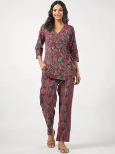 JISORA Magenta Ethnic Motifs Printed V-Neck Pure Cotton Wrap Top With Trousers