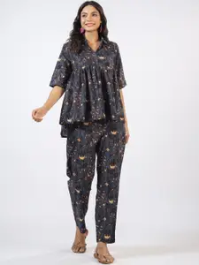 JISORA Grey Printed Shirt Collar Pure Cotton Top & Trousers
