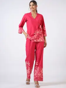 JISORA Dark Pink Floral Printed Pure Cotton Slit Sleeve Angrakha Top & Trouser