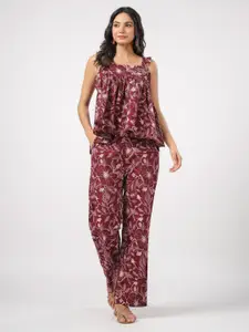 JISORA Floral Printed Shoulder Straps Pure Cotton Top with Trousers
