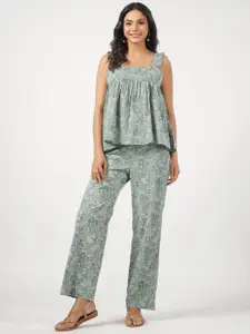 JISORA Floral Printed Shoulder Straps Pure Cotton Top & Trouser