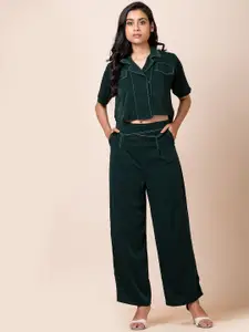 SARSO Notched Lapelled Collar Short Sleeves High-Low Casual Shirt With Palazzos