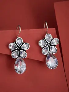 ATIBELLE Silver-Plated Stone Studded Floral Drop Earrings