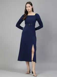 aayu Crepe Square Neck A-Line Midi Dress Comes With A Belt