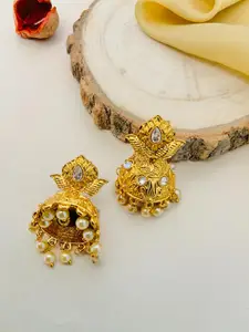 ABDESIGNS Women Gold Plated Kundan Studded with Beaded Dome Shaped Jhumka earrings