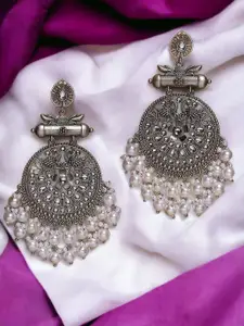 Sangria Silver-Toned Kundan-Studded & Beaded Oxidised Contemporary Drop Earrings