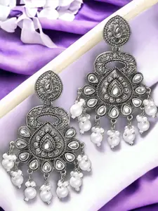 Sangria Silver-Toned Kundan Studded Floral Drop Earrings