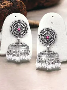 Sangria Silver-Toned Stone-Studded & Beaded Dome Shaped Jhumkas