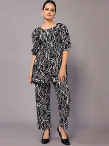 vj fashion Printed Round Neck Top & Flared Trouser Co-Ords
