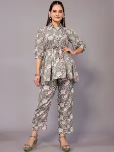 vj fashion Floral Printed Shirt Collar Top With Trousers Co-Ords