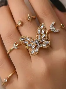 Jewels Galaxy Set Of 5 Gold-Plated Crystals Studded Adjustable Finger Ring