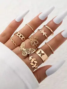 Jewels Galaxy Set of 10 Gold-Pleated Adjustable Finger Rings