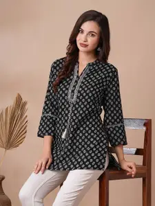 INDYES Ethnic Motifs Printed Mirror Work Mandarin Collar Pure Cotton Kurti