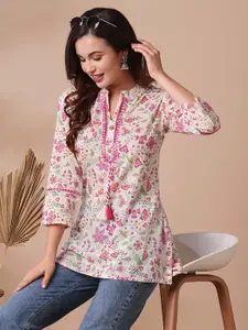 INDYES Floral Printed Mirror Work Pure Cotton Mirror Work Kurti
