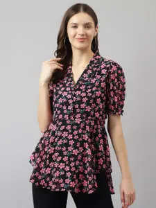 TOOCHKI Floral Print Puff Sleeve Georgette High-Low Top