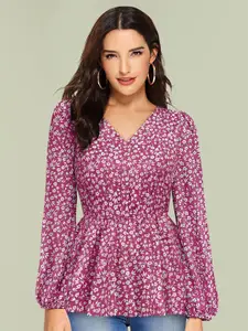 TOOCHKI Floral Printed V-Neck Puff Sleeve Peplum Top