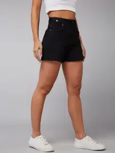 DOLCE CRUDO Women Black High-Rise Cotton Denim Shorts