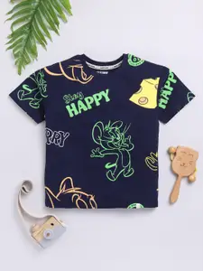Happy Faces Boys Tom & Jerry Print Drop-Shoulder Sleeves Pure Cotton T-shirt