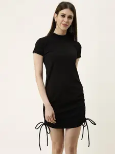 TANDUL Mock Neck Short Sleeves Tie-Ups Ruched Mini Sheath Dress