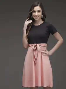 TANDUL Women Round Neck Short Sleeves Belted Jacquard A-Line Dress