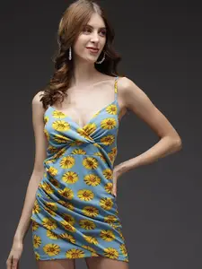 TANDUL Women Floral Printed Shoulder Straps Gathered Jacquard Mini Sheath Dress