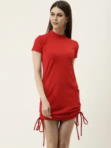 TANDUL High Neck Short Sleeves Tie-Ups Ruched Mini Sheath Dress