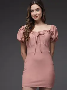 TANDUL Women Tie-Up Neck Puff Sleeves Jacquard Mini Sheath Dress