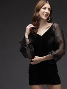 TANDUL V-Neck Puff Sleeves Ruched Sheath Mini Dress