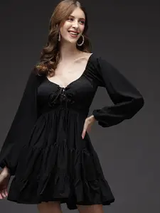 TANDUL V-Neck Puff Sleeve Layered Jacquard A-Line Mini Dress