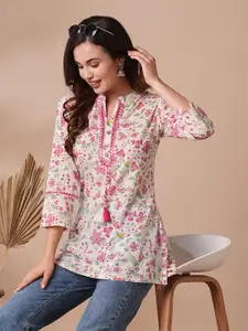 KALINI Floral Printed Mirror Work Mandarin Collar Pure Cotton Kurti