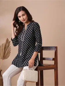 KALINI Ethnic Motifs Printed Mirror Work Mandarin Collar Pure Cotton Kurti