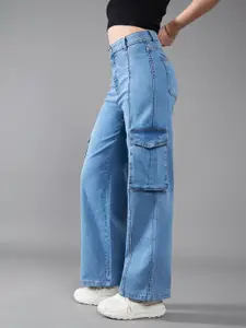 DOLCE CRUDO 
Women Wide-Leg High-Rise Regular-Length Stretchable Patch-Pocketed Denim Jeans