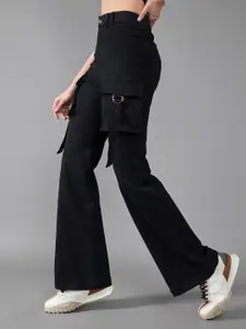 DOLCE CRUDO Women Black Bootcut High Rise Clean Look Stretchable Cargo Jeans