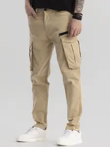 Snitch Men Khaki Coloured Classic Mid-Rise Cargos Trousers