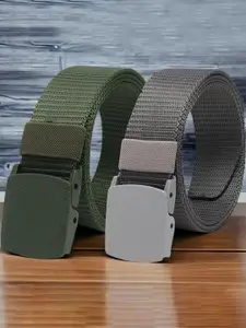 The Roadster Lifestyle Co. Men Green & Grey Set Of 2 Textured Canvas Belts