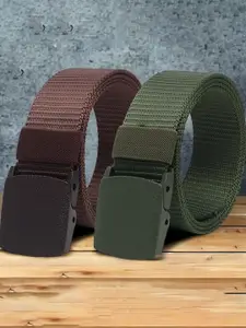 The Roadster Lifestyle Co. Men Brown & Green Set Of 2 Textured Canvas Belts