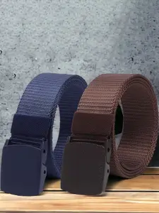 The Roadster Lifestyle Co. Men Brown & Blue Set Of 2 Textured Canvas Belts