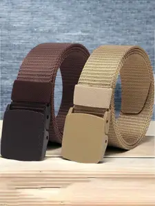 The Roadster Lifestyle Co. Men Brown & Beige Set Of 2 Textured Canvas Belts