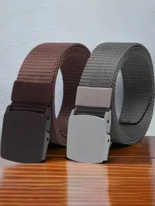 The Roadster Lifestyle Co. Men Brown & Grey Set Of 2 Textured Canvas Belts